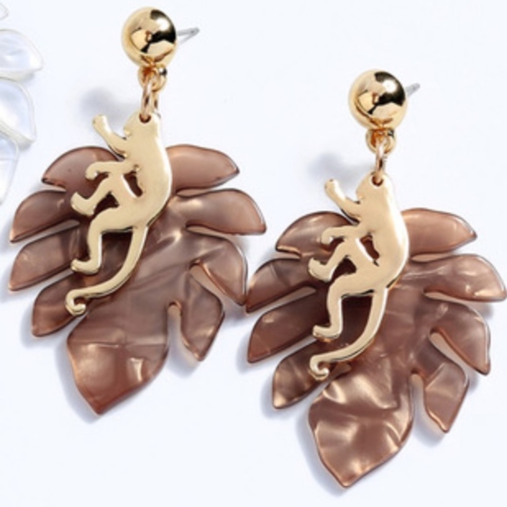 Gold Monkey Brown Resin Leaf Statement Earrings